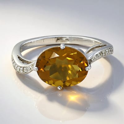 Cavill - Zilveren Ring met 2,1 ct Cognac Kwarts Ovaal - 925 Sterling Zilver - 0,064 ct Witte Topaas Pavé - Elegante Handgemaakte Ring