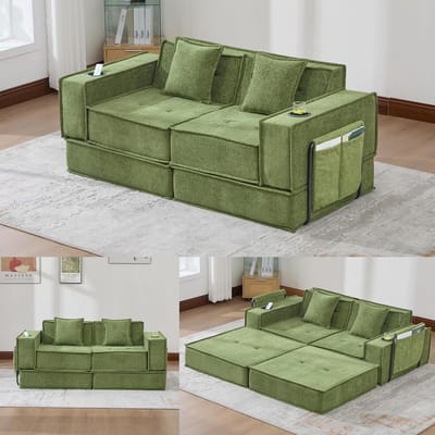 2-Zitsbank, Moderne Tweepersoons Slaapbank met een Comfortabele Stoffen Bank en twee Kussens, Een Stijlvolle, Decoratieve Voetenbank met Opbergruimte aan de Zijkant en Bekerhouders, Ideaal voor Leeshoekjes, Speelkamers, enz.-Groente