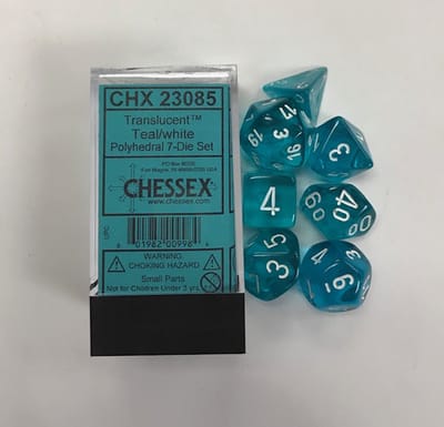 Chessex Doorschijnend Teal/wit Polydice Dobbelsteen Set (7 stuks)