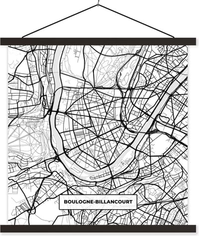 Posterhanger incl. Poster 60x60 cm - Schoolplaat - Frankrijk - Kaart - Plattegrond - Boulogne-Billancourt - Stadskaart - Zwart wit - Textielposter - Zwarte latten - Stadskaart