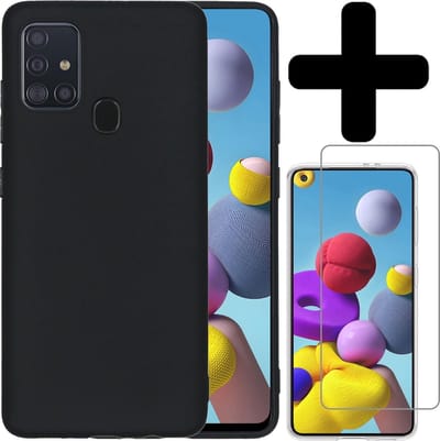 Hoesje - Met Screenprotector - Geschikt voor Samsung Galaxy A21s - Sterk & Shockproof - Back Cover - Siliconen Case - Telefoon Hoes - Telefoonhoesjes - Zwart