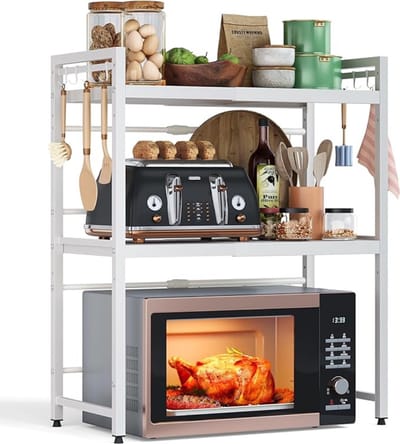 Verte Microwave Rack - Uitbreidbaar Magnetronrek - 3 Niveaus - Magnetronstandaard voor het Aanrecht - Organizer voor Magnetronrek - Keuken - Magnetronrek met 8 Haken - Wit