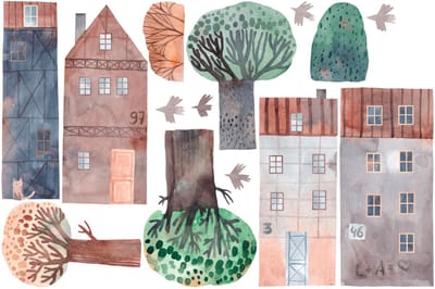 Vooraf gelijmd vliesbehang met gigantische muurschilderingen - KINDERHUIZEN IN WATERVERF - 60x90cm