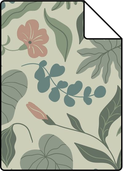 Proefstaal ESTAhome behang bladeren en bloemen donkergroen, blauw en roze - 26.5 x 21 cm - 131053-S