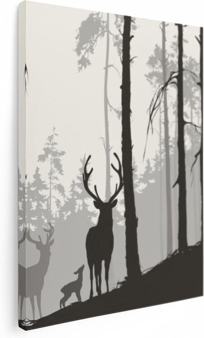 Artaza Canvas Schilderij Bos - 30x40 cm - Klein - Wanddecoratie Hert - Muurdecoratie Silhouet - Kamer Accessoires