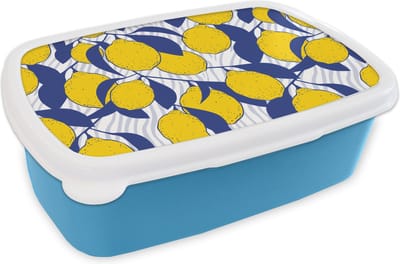Broodtrommel Blauw - Lunchbox - Brooddoos - Citroen - Zebra - Fruit - Patronen - 18x12x6 cm - Kinderen - Jongen