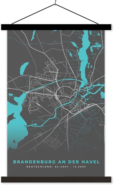 Posterhanger incl. Poster 60x90 cm - Schoolplaat - Blauw – Duitsland – Plattegrond – Stadskaart – Kaart – Brandenburg an der Havel - Textielposter - Zwarte latten - Stadskaart