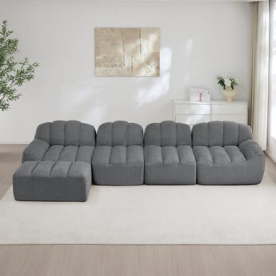 4-zits L-vormige modulaire sofa zonder frame – schelpvormig – diepe zittingen – inclusief 1 voetenbankje, woonkamersofa – kant-en-klaar – grijs