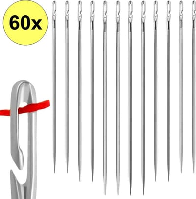 Fako Bijoux - Blinde Naalden Set - Zelfrijgende Naalden - Open Oog Naalden - Zelf Inrijgende Rijgnaalden - Naainaalden - Stopnaalden - Kralen Rijgen - Set 60 Stuks - Zilver