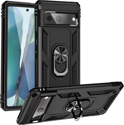Casemania Hoesje Geschikt voor Google Pixel 7 Zwart - Anti-Shock Hybrid Armor Back Cover - Hoes met Kickstand Ring