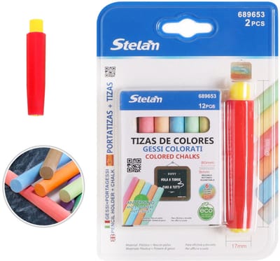 Decopatent - SET Krijthouder EN 12 STUKS Gekleurde Krijtjes - Krijt - Stelam Krijtjeshouder voor schoolkrijt - Mix kleuren Krijtjes Voor Schoolbord Met Wisser - Schoolbordkrijtjes met Handige Krijtjes Houder