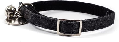 Kattenhalsband met glitter, belletje, veiligheidssluiting, 32 x 1 cm, zwart