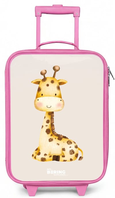 NoBoringSuitcases.com® - Kinderkoffer roze - Kindertrolley meisje - Liggende giraffe illustratie op beige achtergrond - Koffer kind lichtgewicht - Reiskoffer trolley voor kinderen - Koffertje met lichtgevende wieltjes - Rolkoffer