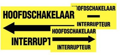 Hoofdschakelaar en interrupteur pijl links sticker, geel zwart 280 x 105 mm