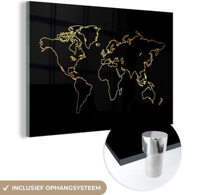 ® Glasschilderij 30x20 cm - Schilderij acrylglas - Gouden wereldkaart op een zwarte achtergrond - Foto op glas - Muurdecoratie woonkamer - Wanddecoratie slaapkamer - Schilderijen