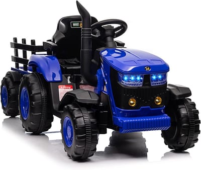 Elektrische Kindertractor 12V met Aanhanger en Afstandsbediening - Speelgoed Tractor met 6 Banden - 2 Motoren, Bluetooth, Muziek & LED Verlichting - blauw