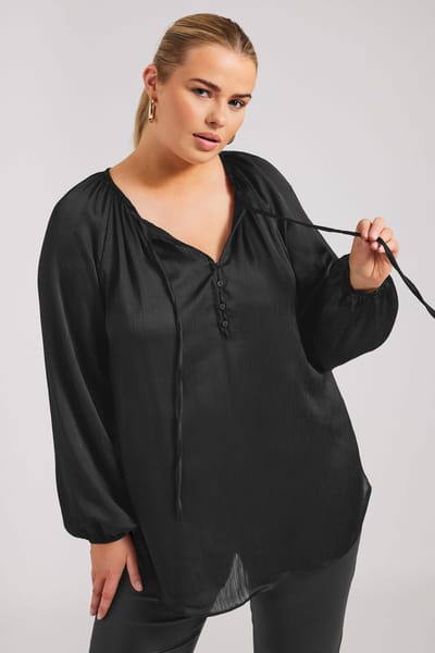 Yours Blouse Met Lange Mouwen En Strikdetail In Zwart Size 42