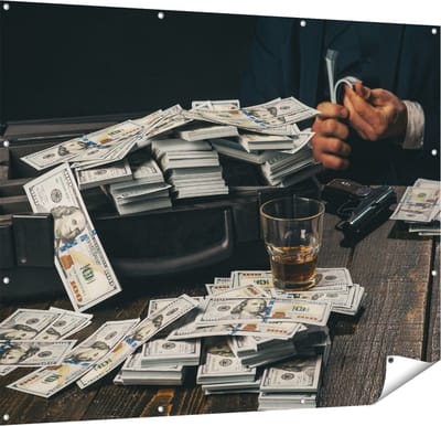 Gards Tuinposter Dollar Geld Briefjes op Tafel van de Maffia - 150x120 cm - Tuindoek - Tuindecoratie - Wanddecoratie buiten - Tuinschilderij