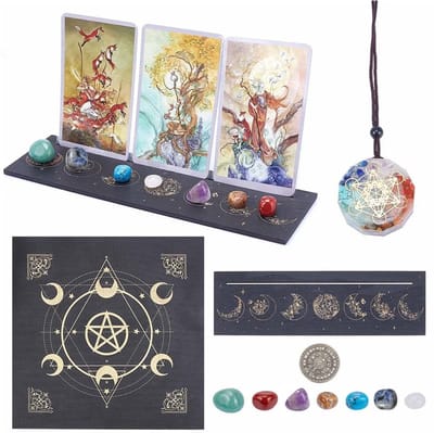 Cosensi - Tarot Card kit - Houten Tarot Kaarthouder - Altaar Tafelkleed - Chakra Hanger Ketting - Edelsteen Accessoires - Geschikt voor Beginners -...