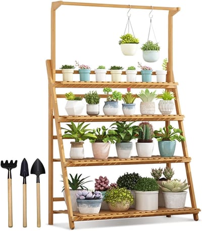 Plantenstandaard met 3 lagen - Bloempotstandaard displayrek - Planten presenteren - Opvouwbaar bamboe ontwerp - N.v.t. - Natuurlijk