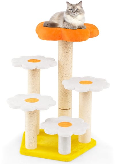 COSTWAY Krabpaal klein, 90 cm, bloemendesign, kattenboom met pluche oppervlak, sisal-krabpalen en platforms, kattenkrabpaal hout, kattenmeubels, indoor klimboom, oranje