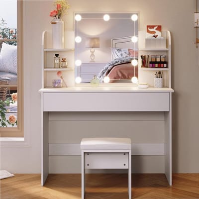 Sierra, Grote make-uptafel 108 cm met kruk, kaptafel met spiegel, make-uptafel met laden en 6 open vakken, 3 kleuren met instelbare helderheid, wit, 108 x 40 x 140 cm.