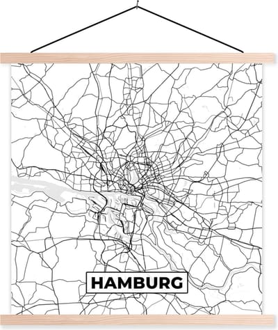 Posterhanger incl. Poster 40x40 cm - Schoolplaat - Plattegrond - Hamburg - Kaart - Stadskaart - Textielposter - Blanke latten - Stadskaart