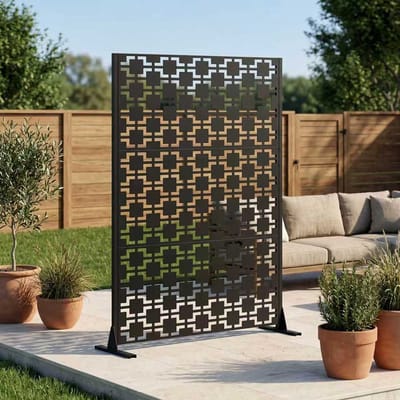 Pugsdrly Metalen privacyscherm voor buiten, vrijstaand, 183 x 116 cm decoratieve metalen schuttingpanelen met stabiele voet, draagbare scheidingsschermen voor terras, veranda, balkon, achtertuin, tuin