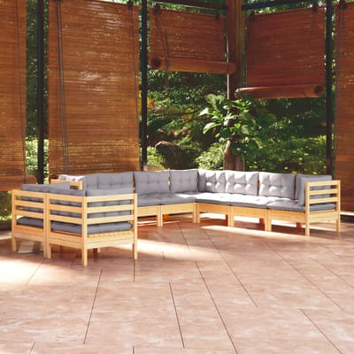 vidaXL - 9-delige - Loungeset - met - grijze - kussens - massief - grenenhout