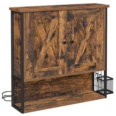 Badkamer Wandkast – Muurbevestiging – 2 Deuren – 3 Verstelbare Planken – Föhn & Accessoires Houder – Gelamineerd Hout – 60 x 16 x 60 cm