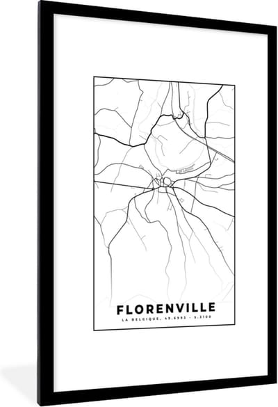 Fotolijst incl. Poster Zwart Wit- Stadskaart – Plattegrond – België – Zwart Wit – Florenville – Kaart - 80x120 cm - Posterlijst