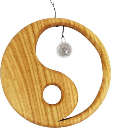 Yin Yang Raamdecoratie met Kristal en Hout - Decoratieve Zonnevanger voor Balans en Harmonie