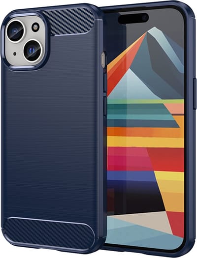 MobyDefend Hoesje - Geschikt voor iPhone 15 - TPU Backcover - Geborstelde Metaal & Carbon-Look - Blauw