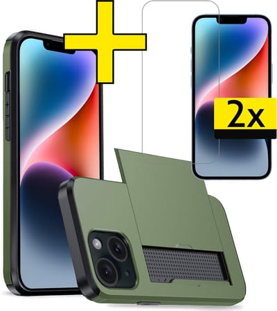 Hoesje Geschikt voor iPhone 14 Hoesje Case Pashouder Hard Cover Met 2x Screenprotector - Hoes Geschikt voor iPhone 14 Hoesje Met Kaarthouder - Donkergroen