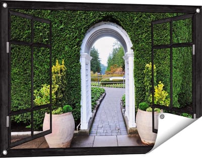 Gards Tuinposter Doorkijk Doorkijk met Potten - 90x60 cm - Tuindoek - Tuindecoratie - Wanddecoratie buiten - Tuinschilderij