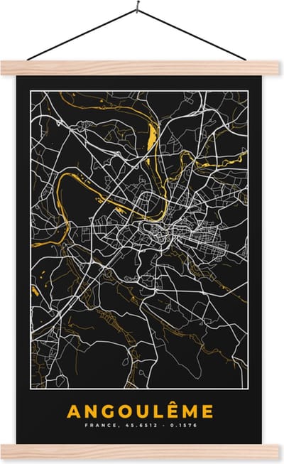 Posterhanger incl. Poster 40x60 cm - Schoolplaat - Frankrijk - Angoulême - Stadskaart - Kaart - Plattegrond - Textielposter - Blanke latten - Stadskaart