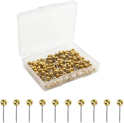 Punaises met kop, landkaart, mini-punaises, ronde punaises voor prikbord, kurkplaat, landkaart, foto's, handwerk, 0,4 x 1,5 cm (goud-300)