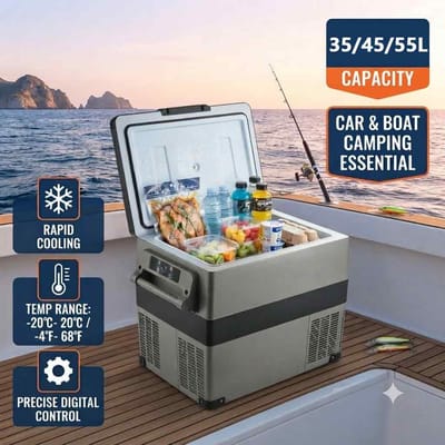 Een must-have voor camperleven, kamperen, varen & buitenpicknickfeesten: 35L, 45L, 55L draagbare autokoelkast, mini-compressor koelcontainer 12/24V 230V AC, bewaart voedsel, fruit en dranken tijdens