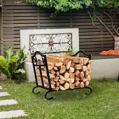 Hout Houtopslag - Brandhoutrek Smeedeizer - Buitenhaard Accessoire - Houdt Hout Droog - 44x32x37 cm - Zwart