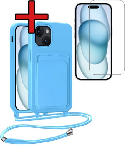 Hoesje Geschikt voor iPhone 15 Plus Hoesje Met Telefoonkoord en Pasjeshouder Met Screenprotector Siliconen - Hoes Geschikt voor iPhone 15 Plus Hoesje Met Kaarthouder Case - Lichtblauw