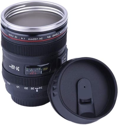 Koffiemok in de vorm van een camera lens, roestvrijstalen reisbeker, lekvrije drinkbeker met deksel en lepel, ideaal voor koffie, thee en water