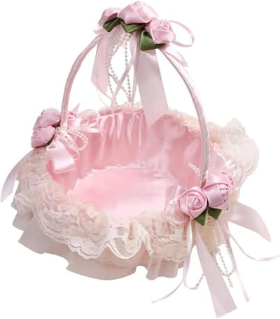 Bloemenmandje Bruiloft - Decoratie Mandje - Bloemen Dragen - Elegant Kant Design - 22 cm Diameter - Roze