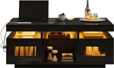 MODFU Salontafel 100x50x43 cm van zwart hoogglans spaanplaat en acryl, met LED-lichtstrook en stopcontact