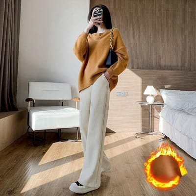 Gewatteerde Verdikte Wijde Pijpen Broek Vrouw Herfst en Winter Grote Maat Broek Losse Hoge Taille Casual Corduroy Rechte Broek Vrouw XXL wit