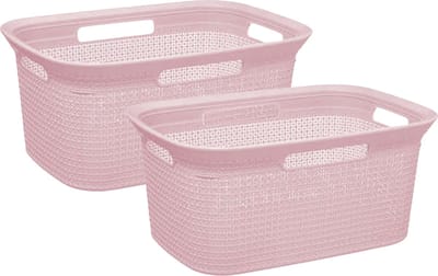 Wasmand van rotan gevlochten - 2x - lichtroze - kunststof - 45 liter - 59 x 41 x 27 cm