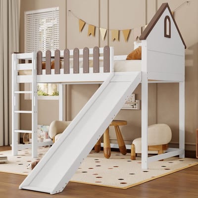 REDOM Kinderbed Hoogslaper – 90x200 cm – Met glijbaan & veiligheidshek – Grenenhout & MDF – Wit & Naturel