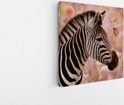 Saammp Canvas Schilderij - Zebra tussen de bloemen - Vlinder - Natuur - Dieren - 20x20 - Foto op canvas - Wanddecoratie - Muurdecoratie Woonkamer - Slaapkamer decoratie - Canvas Print