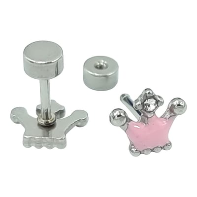 Kinderoorbellen meisje - Roze prinsessenkroontjes met cubic zirconia - Hypoallergeen staal & emaille - 7 x 7 mm