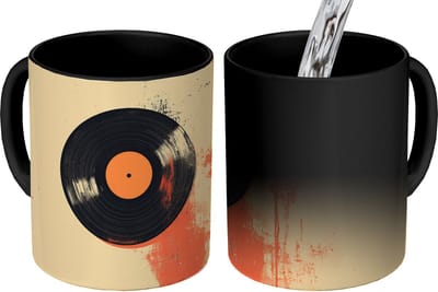 Magische Mok - Foto op Warmte Mokken - Koffiemok - Vinylplaat - Zwart - Verfspatten - Retro - Magic Mok - Beker - 350 ML - Theemok