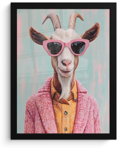 Poster in lijst - Fotolijst 30x40 cm - Posters - Zonnebril - Roze - Geit - Horen - Posterlijst zwart - Decoratie - Wanddecoratie woonkamer - Muurdecoratie slaapkamer